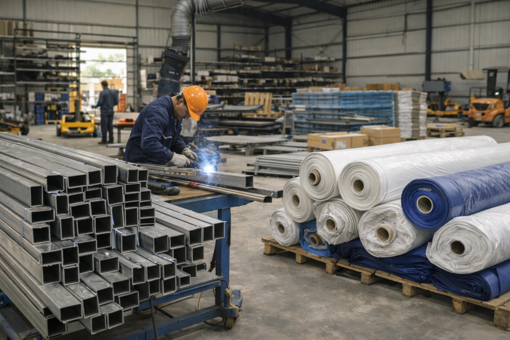 Fabricarea structurilor metalice și pregătirea materialelor PVC pentru hale demontabile