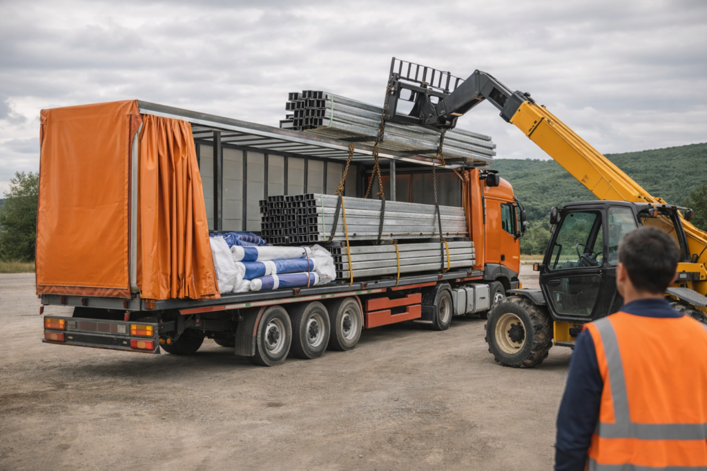 Încărcarea și transportul structurilor metalice și materialelor PVC pentru hale demontabile